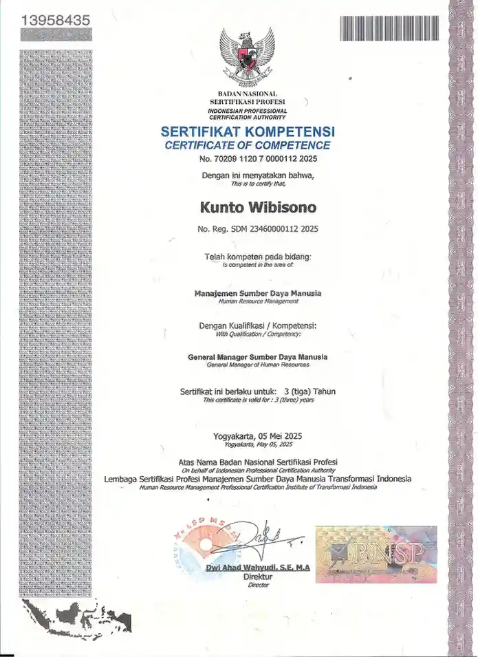 Contoh Sertifikat BNSP Manajemen Sumber Daya Manusia